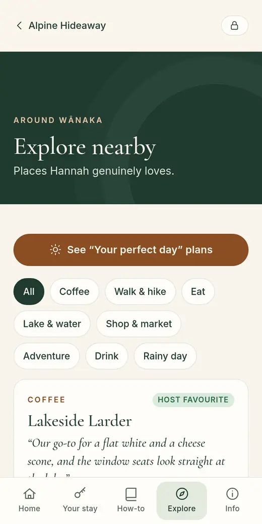 Sample guide Explore nearby screen: category filters such as Coffee, Walk and hike and Eat, and a host favourite café card.
