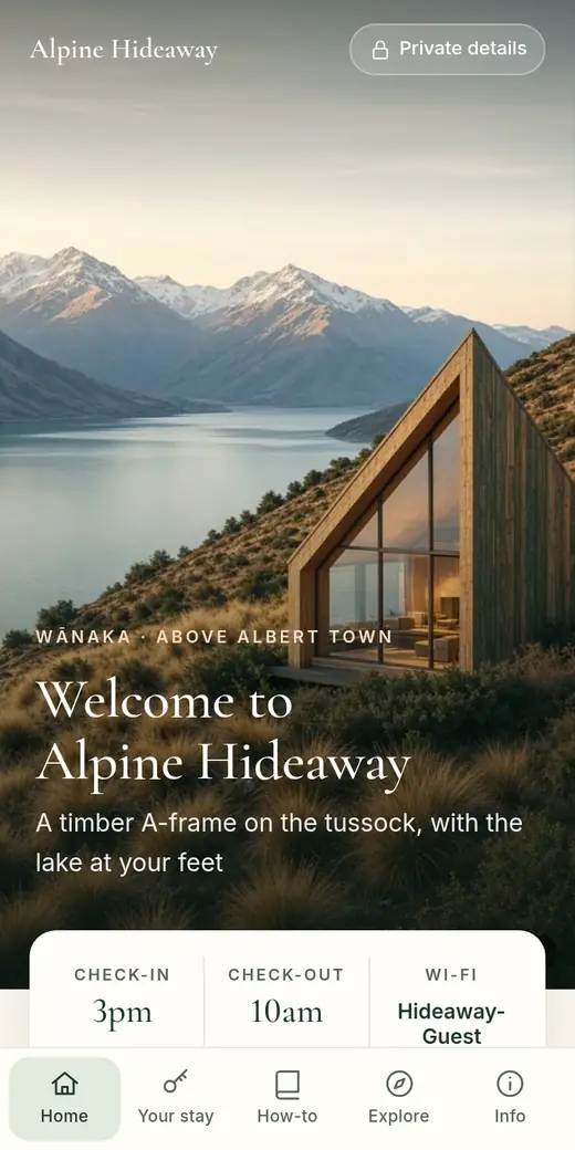 Sample guide welcome screen: a timber A-frame above a lake, titled Welcome to Alpine Hideaway, with check-in 3pm, check-out 10am and the Wi-Fi network name.