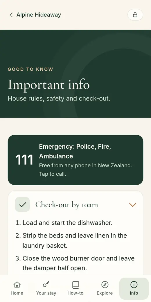 Sample guide Important info screen: emergency number 111 and a check-out checklist.