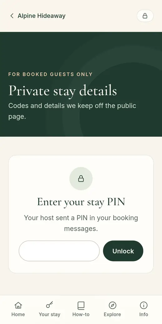 Sample guide private stay details screen, locked: guests enter their stay PIN to see Wi-Fi password and door code. No private details are shown.